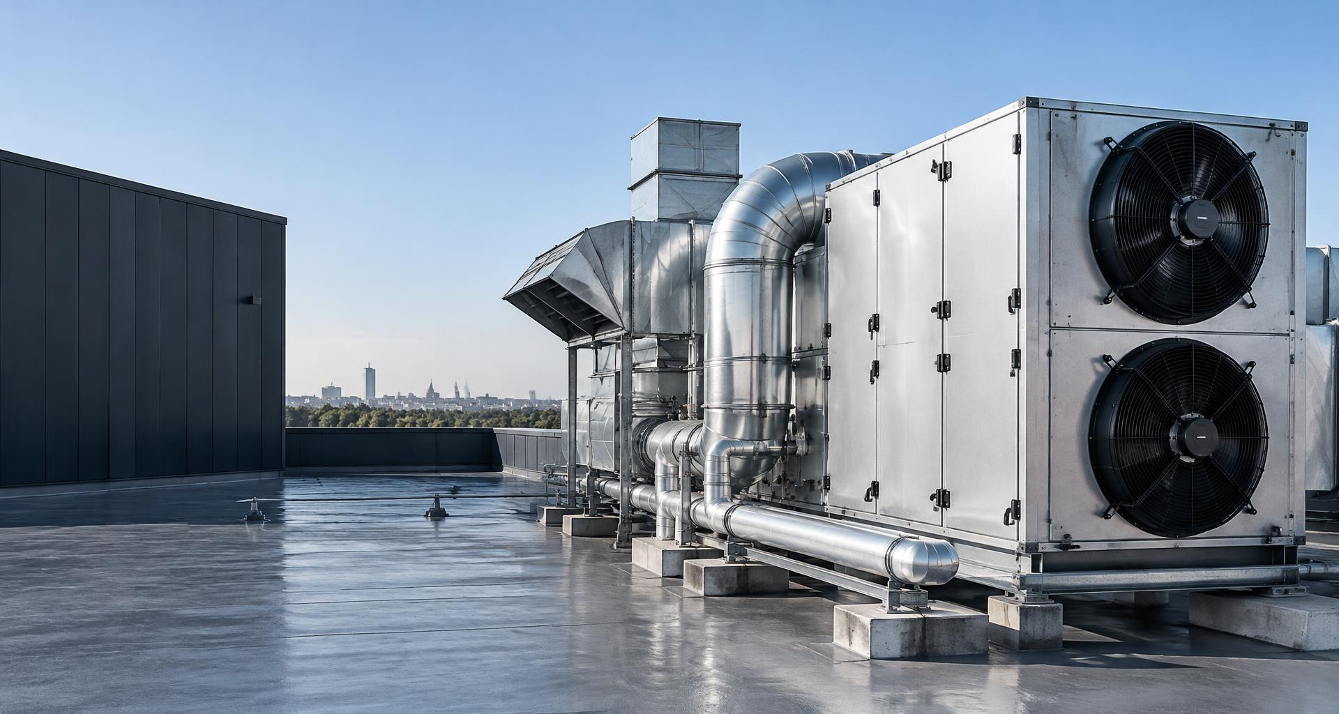 Urządzenia chłodnicze i kanały wentylacyjne na dachu budynku — wizualizacja instalacji HVAC